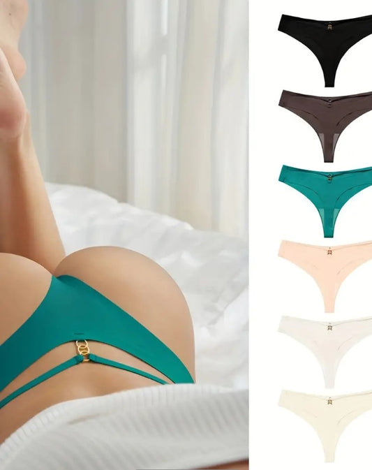 6PCS Seamless One-Piece Thongs - Sexy Solid Color Nylon Knit Fabric V-Strings With Ring Detail